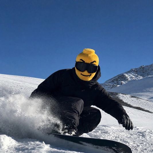 Pasamontañas amarillo de cara divertida El Pícaro con sonrisa pícara, haciendo snowboard